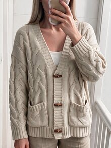 Louniche Kardigan Rajut Kabel Vintage dengan Kancing Tanduk, Sweater Rajut Wanita Kerah V Lengan Panjang Longgar Berkantong untuk Musim Gugur - Aprikot - View 6