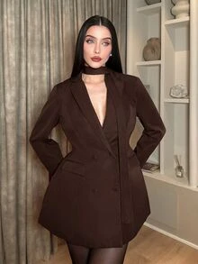 hhfernanda 女款咖啡棕秋季優雅雙排扣領結領西裝外套，收腰梭織面料百搭夾克，適合派對、辦公、通勤與度假 - 棕色 - 查看 5