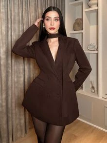 hhfernanda 女款咖啡棕秋季優雅雙排扣領結領西裝外套，收腰梭織面料百搭夾克，適合派對、辦公、通勤與度假 - 棕色 - 查看 4