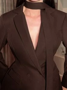 hhfernanda 女款咖啡棕秋季優雅雙排扣領結領西裝外套，收腰梭織面料百搭夾克，適合派對、辦公、通勤與度假 - 棕色 - 查看 3