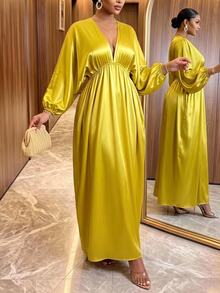 SHEIN Lady CURVE Plus Size Women Solid Color Deep V-Neck Long Sleeve Split Hem Sexy Celestial Elegant Dress Autumn Wedding Dinner Party Formal Mustard Yellow - Yellow - View 5