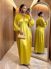 SHEIN Lady CURVE Plus Size Women Solid Color Deep V-Neck Long Sleeve Split Hem Sexy Celestial Elegant Dress Autumn Wedding Dinner Party Formal Mustard Yellow - Yellow - View 1