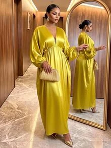 SHEIN Lady CURVE Plus Size Women Solid Color Deep V-Neck Long Sleeve Split Hem Sexy Celestial Elegant Dress Autumn Wedding Dinner Party Formal Mustard Yellow - Yellow - View 3
