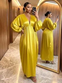 SHEIN Lady CURVE Plus Size Women Solid Color Deep V-Neck Long Sleeve Split Hem Sexy Celestial Elegant Dress Autumn Wedding Dinner Party Formal Mustard Yellow - Yellow - View 4
