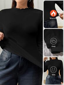 SHEIN EZwear 大尺碼女款升級加厚保暖內裡立領長袖緊身T恤，秋冬保暖，黑色，度假休閒正式穿搭 - 黑色 - 查看 9
