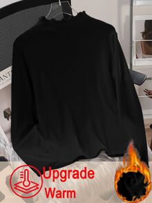SHEIN EZwear 大尺碼女款升級加厚保暖內裡立領長袖緊身T恤，秋冬保暖，黑色，度假休閒正式穿搭 - 黑色 - 查看 6