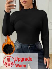 SHEIN EZwear 大尺碼女款升級加厚保暖內裡立領長袖緊身T恤，秋冬保暖，黑色，度假休閒正式穿搭 - 黑色 - 查看 2
