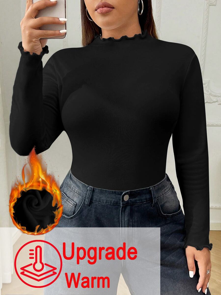 SHEIN EZwear 大尺碼女款升級加厚保暖內裡立領長袖緊身T恤，秋冬保暖，黑色，度假休閒正式穿搭