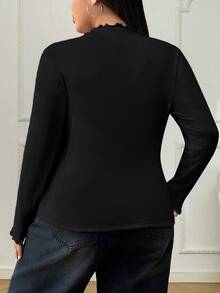 SHEIN EZwear 大尺碼女款升級加厚保暖內裡立領長袖緊身T恤，秋冬保暖，黑色，度假休閒正式穿搭 - 黑色 - 查看 3