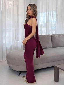 Jemour 女款秋冬純色奶油黃淺黃不對稱肩褶皺貼身緊身網紗性感優雅洋裝，派對雞尾酒正式活動禮服，婚禮伴娘禮服，生日派對洋裝，外出洋裝，早午餐洋裝，聖誕節、萬聖節、亡靈節 - 中紫紅色 - 查看 5