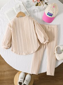 SHEIN 少女款針織純色圓領寬鬆休閒T恤與長褲兩件套 - 粉色 - 查看 4