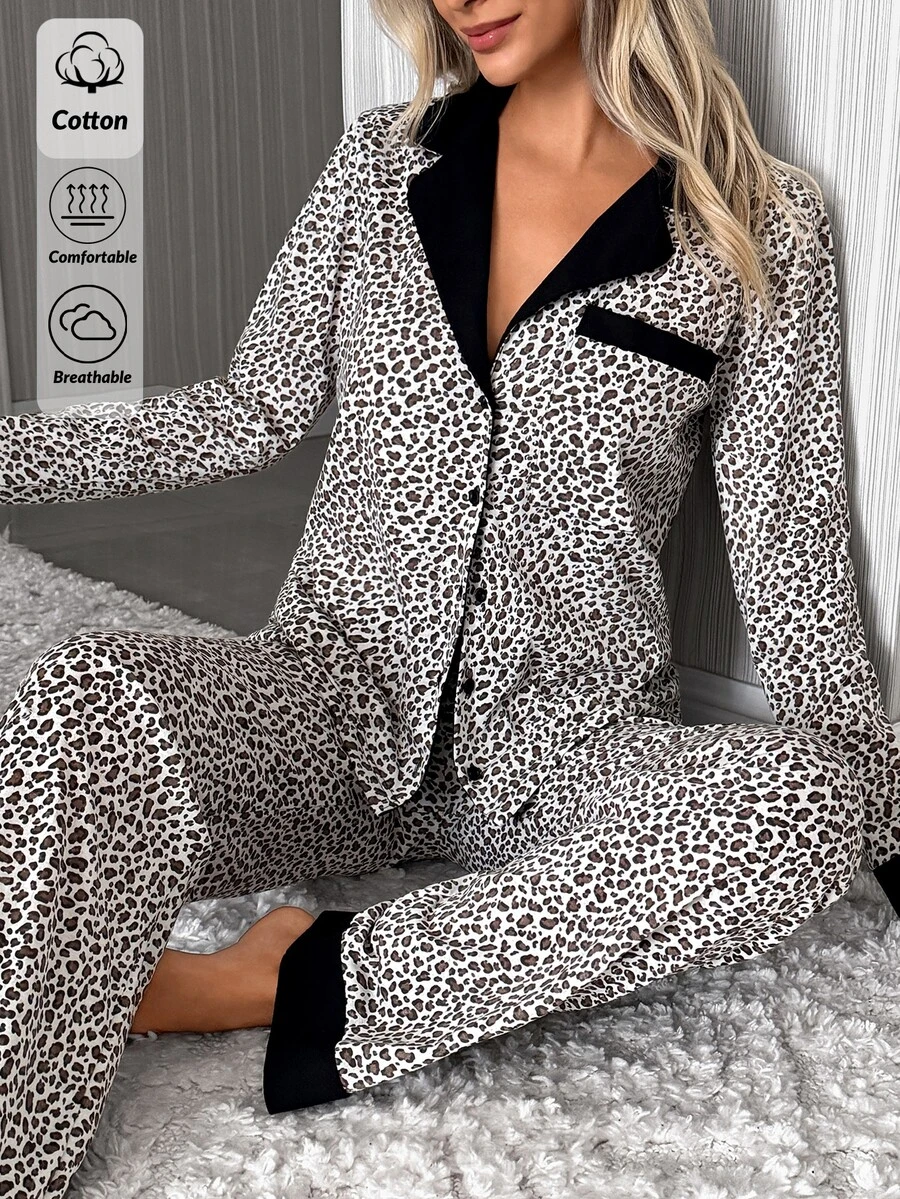 SHEIN Cottnline Women's Leopard Print Contrast Collar Button Front Casual Pajama Set - Multicolor - View 1
