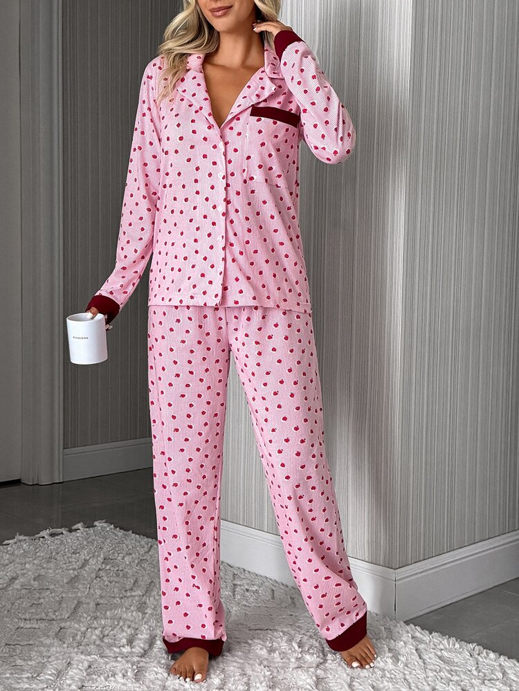SHEIN Cottnline Women's Cottonlne Strawberry Print Contrast Trim Button Front Long Sleeve Casual Pajama Set - Multicolor - View 4
