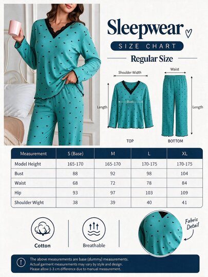 SHEIN Cotton Rib 2pcs Mint Heart Long Sleeve Contrast Lace Sleep Tee Long Pants Casual Lounge Pajama Set