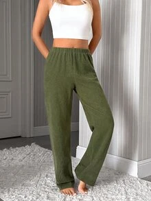 SHEIN Cottnline Textured Waffle Knit Elastic Waist Sleep Pants For Winter - Green - View 4