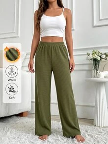 SHEIN Cottnline Textured Waffle Knit Elastic Waist Sleep Pants For Winter - Green - View 3