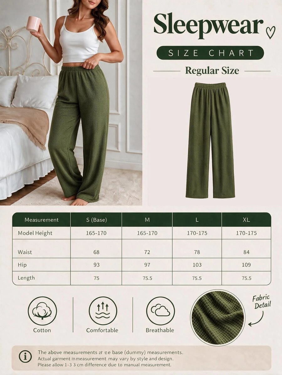 SHEIN Cottnline Textured Waffle Knit Elastic Waist Sleep Pants For Winter - Green - View 1