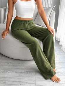 SHEIN Cottnline Textured Waffle Knit Elastic Waist Sleep Pants For Winter - Green - View 5