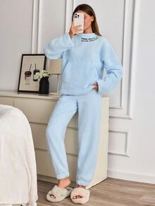SHEIN Cottnline Slogan Embroidered Kangaroo Pocket Plush Pajama Set - Blue - View 6