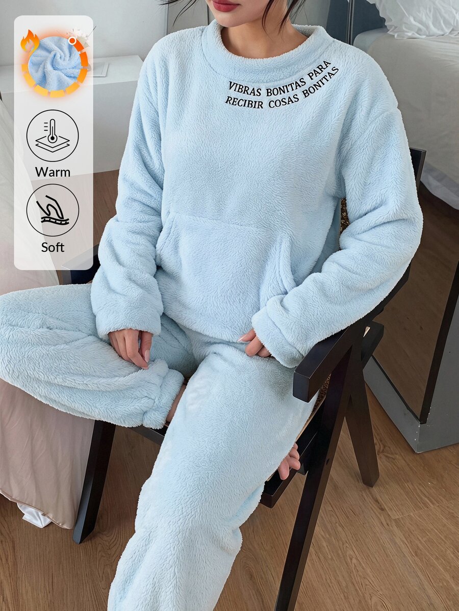SHEIN Cottnline Slogan Embroidered Kangaroo Pocket Plush Pajama Set - Blue - View 1