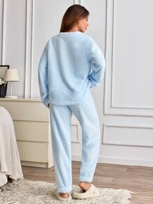 SHEIN Cottnline Slogan Embroidered Kangaroo Pocket Plush Pajama Set - Blue - View 3