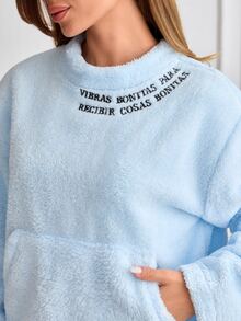 SHEIN Cottnline Slogan Embroidered Kangaroo Pocket Plush Pajama Set - Blue - View 5