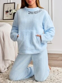 SHEIN Cottnline Slogan Embroidered Kangaroo Pocket Plush Pajama Set - Blue - View 7