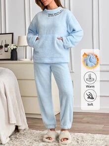 SHEIN Cottnline Slogan Embroidered Kangaroo Pocket Plush Pajama Set - Blue - View 4