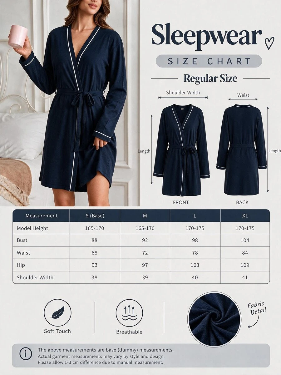 SHEIN رداء نوم نسائي كحلي بحواف متباينة وحزام وأكمام طويلة - أزرق بحري - مشاهدة 1