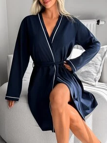 SHEIN رداء نوم نسائي كحلي بحواف متباينة وحزام وأكمام طويلة - أزرق بحري - مشاهدة 7