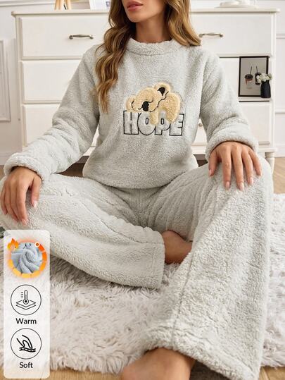 SHEIN Cottnline Set pigiama casual da donna con top a maniche lunghe e pantaloni lunghi con motivo cartoni animati per uso quotidiano e domestico