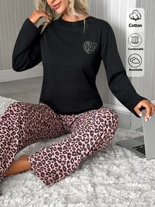 SHEIN Leopard Heart Graphic Top & Pink Leopard Print Casual Pajama Set - Black and Pink - View 5
