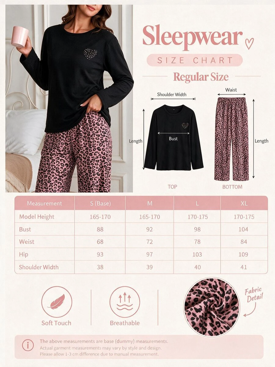 SHEIN Leopard Heart Graphic Top & Pink Leopard Print Casual Pajama Set - Black and Pink - View 1