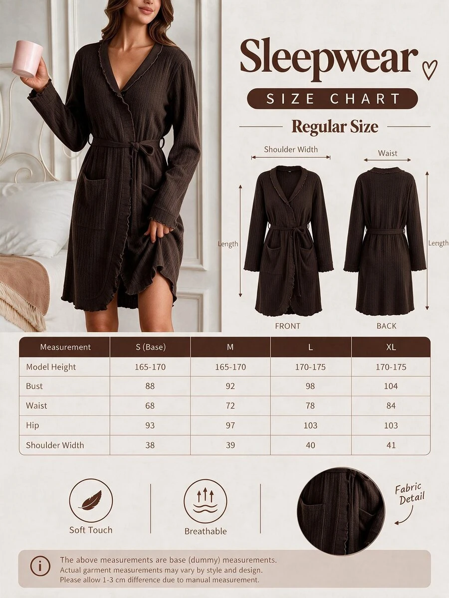 SHEIN رداء نسائي من القطن المضلع بأكمام طويلة وخصر مربوط مع جيوب ملابس منزلية مريحة وكاجوال - بني - مشاهدة 1