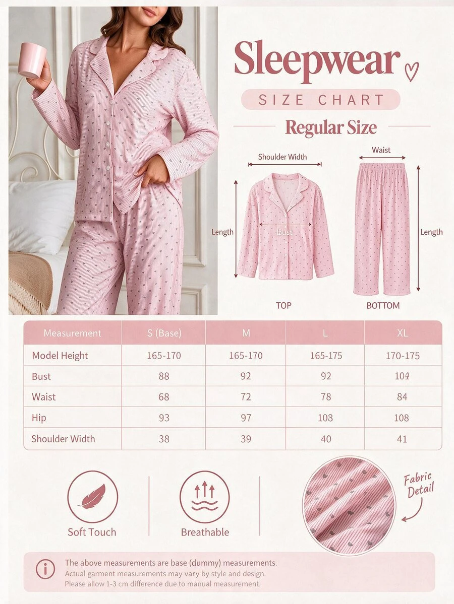 SHEIN Cottnline Pink Heart Print Striped Button Front Casual Pajama Set - Pink - View 1