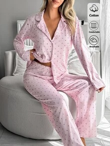 SHEIN Cottnline Pink Heart Print Striped Button Front Casual Pajama Set - Pink - View 5