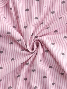 SHEIN Cottnline Pink Heart Print Striped Button Front Casual Pajama Set - Pink - View 6