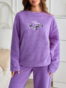 SHEIN Cottnline Cute Panda Embroideried Fluffy Solid Color Casual Pajama Set - Purple - View 7
