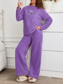 SHEIN Cottnline Cute Panda Embroideried Fluffy Solid Color Casual Pajama Set - Purple - View 6