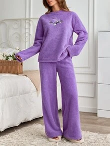 SHEIN Cottnline Cute Panda Embroideried Fluffy Solid Color Casual Pajama Set - Purple - View 5