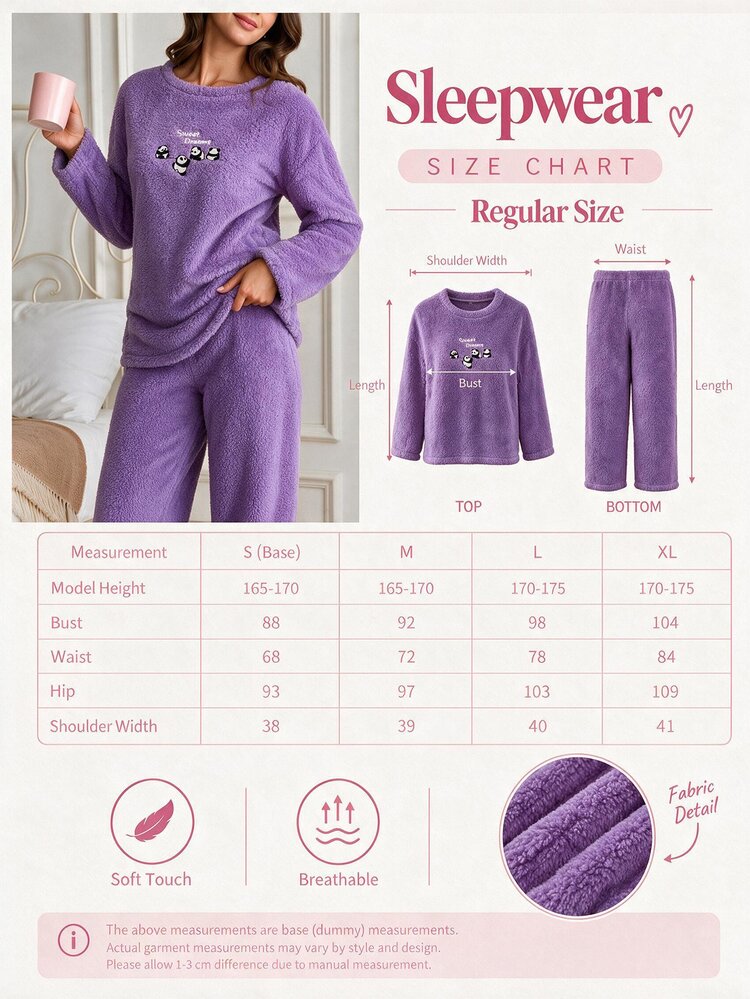 SHEIN Cottnline Cute Panda Embroideried Fluffy Solid Color Casual Pajama Set - Purple - View 3