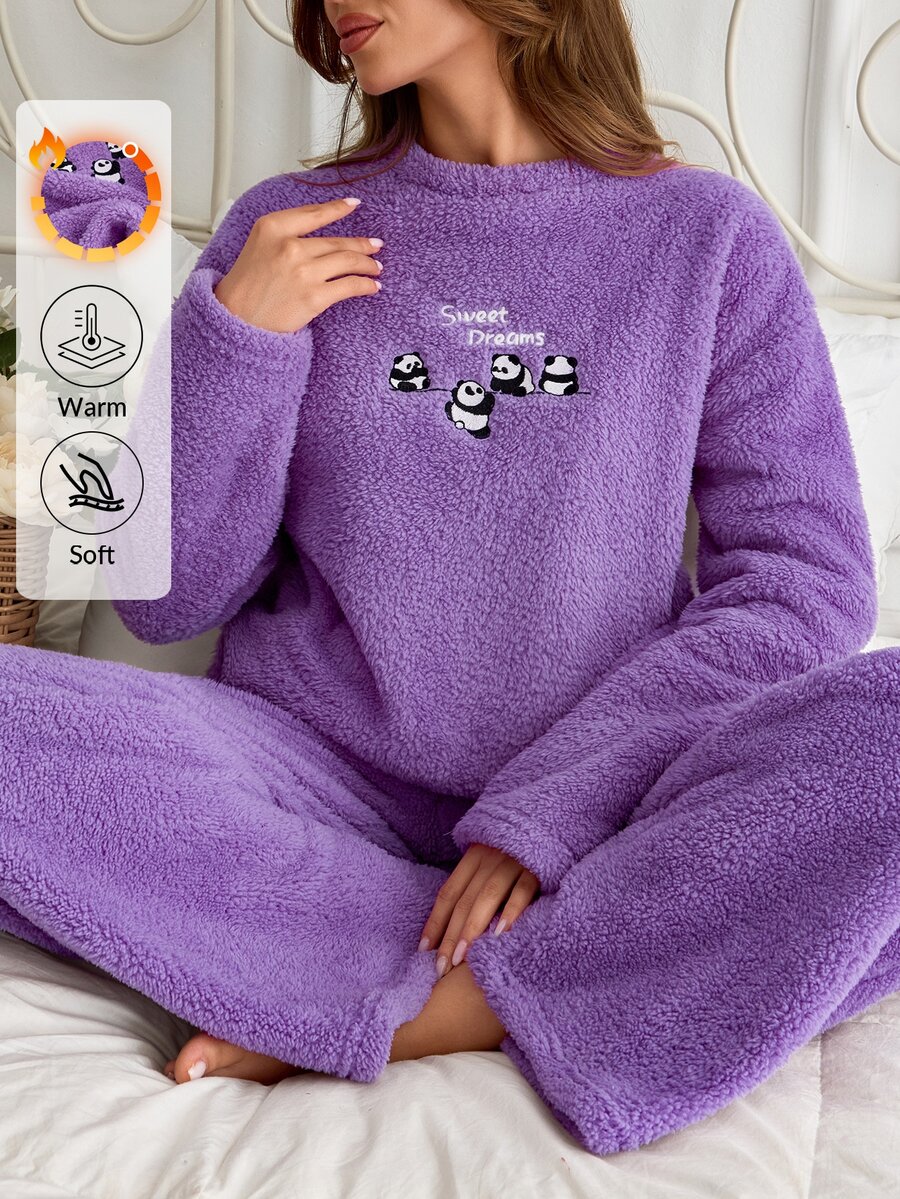 SHEIN Cottnline Cute Panda Embroideried Fluffy Solid Color Casual Pajama Set - Purple - View 1