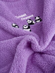SHEIN Cottnline Cute Panda Embroideried Fluffy Solid Color Casual Pajama Set - Purple - View 8