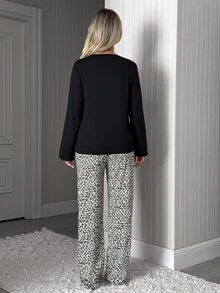 SHEIN Leopard Bow Graphic Top & Leopard Print Pants Casual Pajama Set - Black - View 2