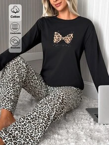 SHEIN Leopard Bow Graphic Top & Leopard Print Pants Casual Pajama Set - Black - View 5