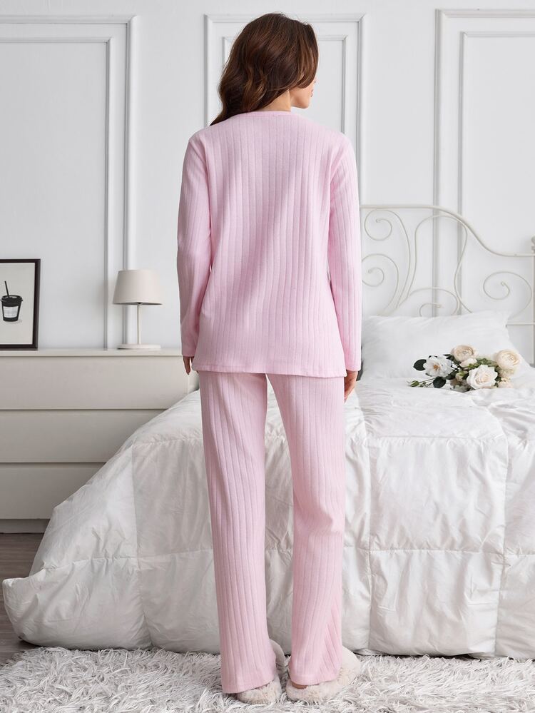 SHEIN Cottnline Women Sweet Bear Appliqu Ribbed Crew Neck Long Sleeve Top And Straight Leg Pants 2 Pieces Casual Pajama Set - Pink - View 2