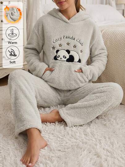 SHEIN Cottnline Set de pijamă de casă Cozy Panda Club din welsoft, cu glugă și broderie