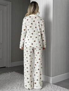 SHEIN Cottnline Teddy Bear & Bow Print Button Front Casual Pajama Set - Multicolor - View 2