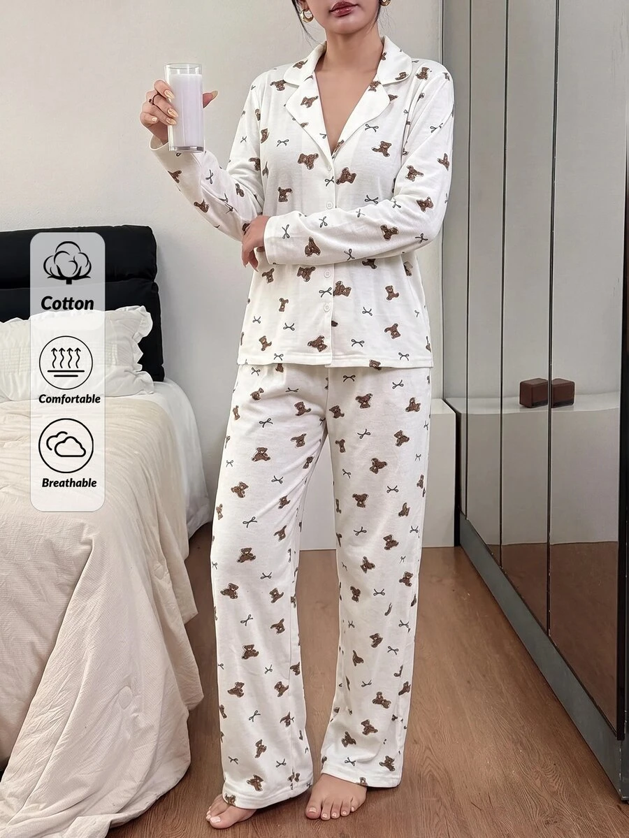SHEIN Cottnline Teddy Bear & Bow Print Button Front Casual Pajama Set - Multicolor - View 1