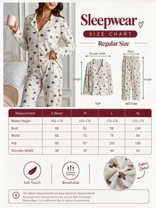 SHEIN Cottnline Teddy Bear & Bow Print Button Front Casual Pajama Set - Multicolor - View 3
